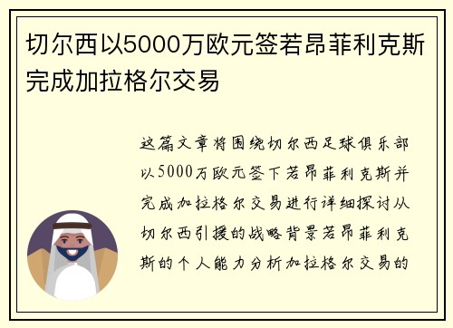 切尔西以5000万欧元签若昂菲利克斯完成加拉格尔交易