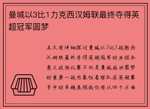 曼城以3比1力克西汉姆联最终夺得英超冠军圆梦